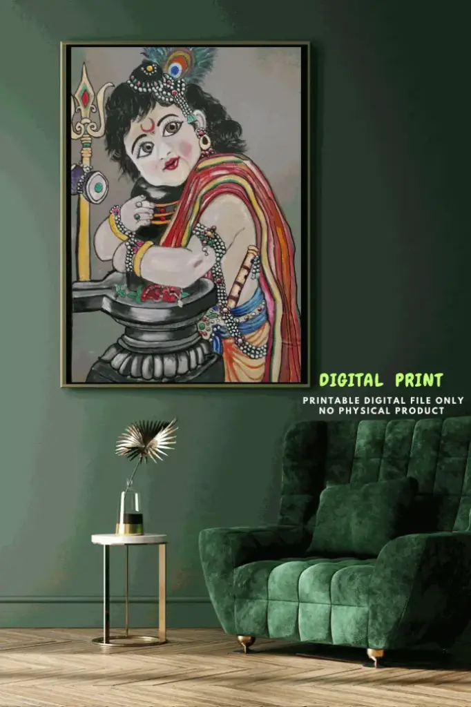 Divine Baby Krishna with Shiva Lingam – Spiritual Oil Painting | Printable Digital Art | Hindu God Wall Decor (Digital artwork Product)